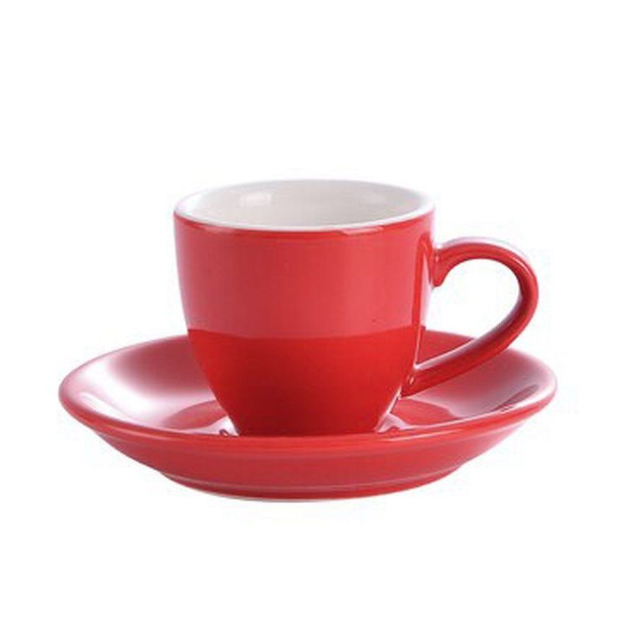 Porcelánový šálek na espresso s objemem 80ml vhodný pro klasické či dvojité espresso.  Obsahuje i podšálek. Barva: červená.