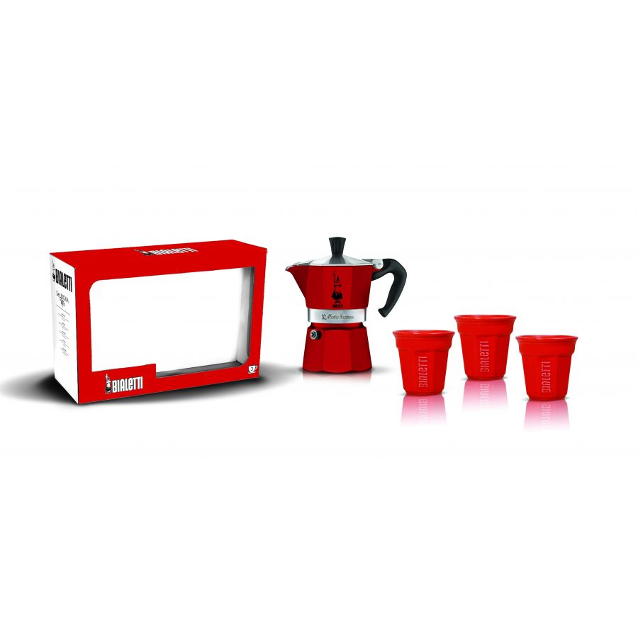 Dárkový set Bialetti moka express 3 porce + 3 šálky, červený