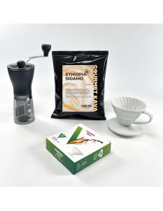 Balíček Hario V60 dripper – Etiopie Sidamo, mlýnek, dripper a filtry