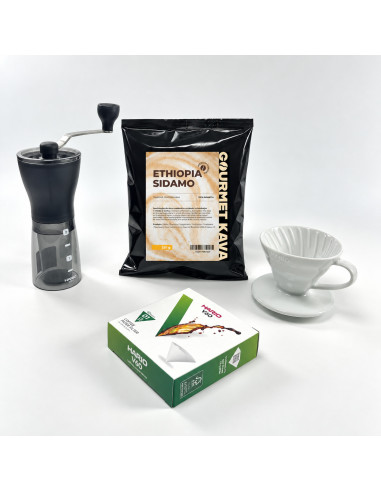 Balíček Hario V60 dripper – Etiopie Sidamo, mlýnek, dripper a filtry